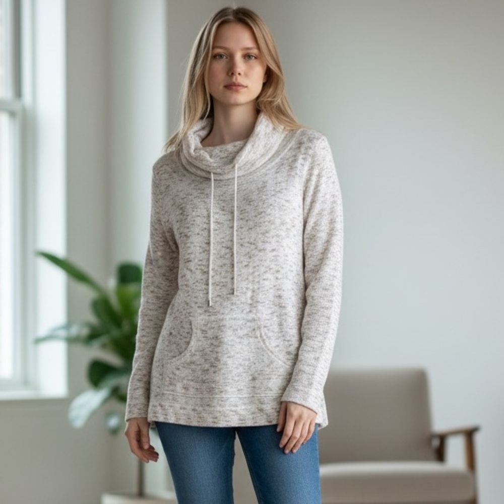 Preswick & Moore Sweater White/TanCowl Neck Kangaroo Pocket in Size L‎  NWT